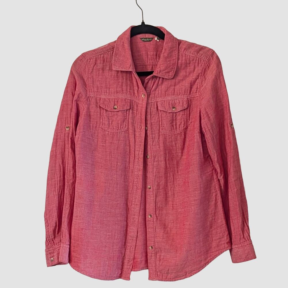 Eddie Bauer Linen Blend Button Down Roll Tab Top M Pink Lightweight Coverup